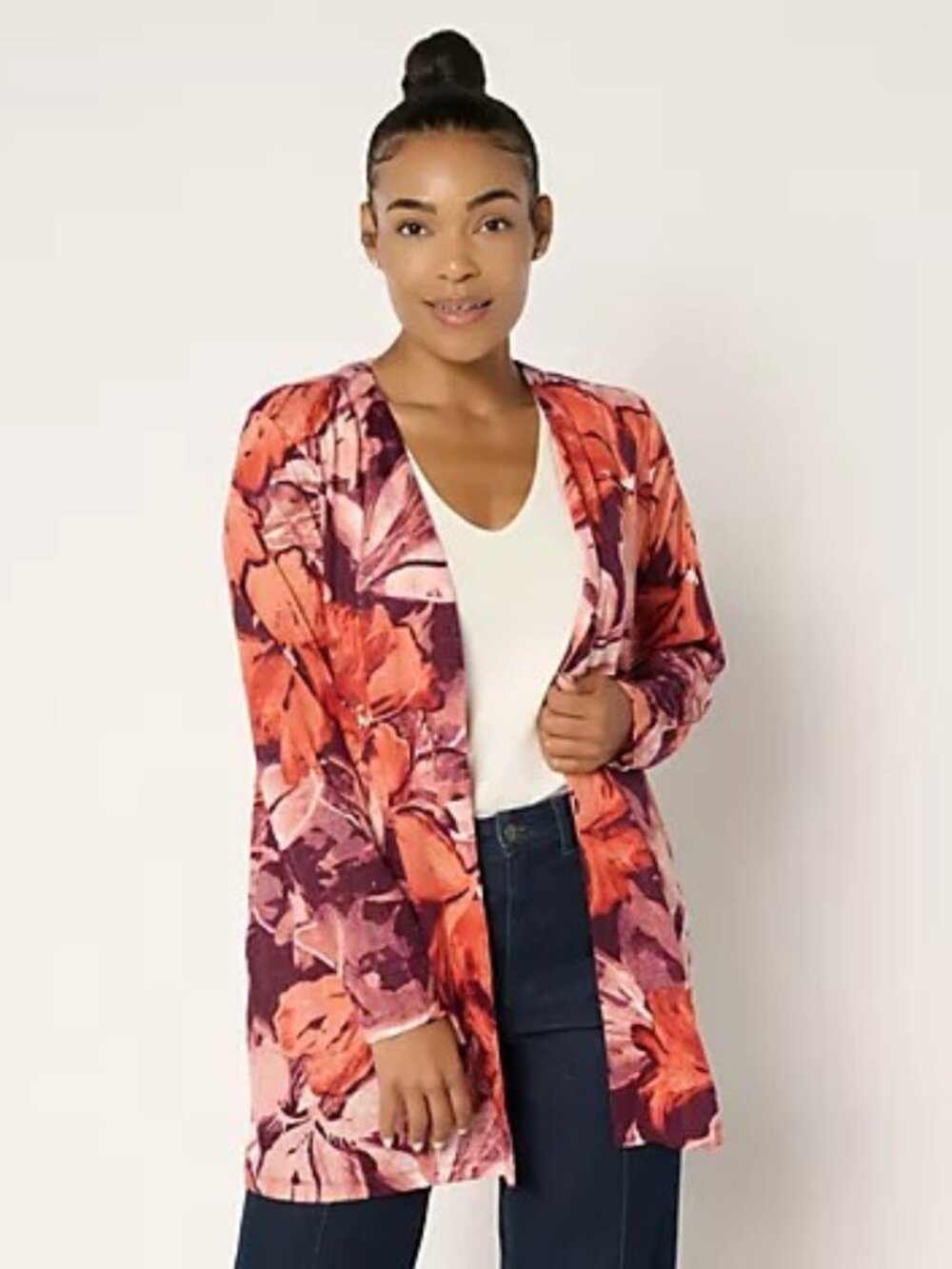 NWOT Denim & Co Petite Printed Slub Knit Cardigan Duster Petite 2X